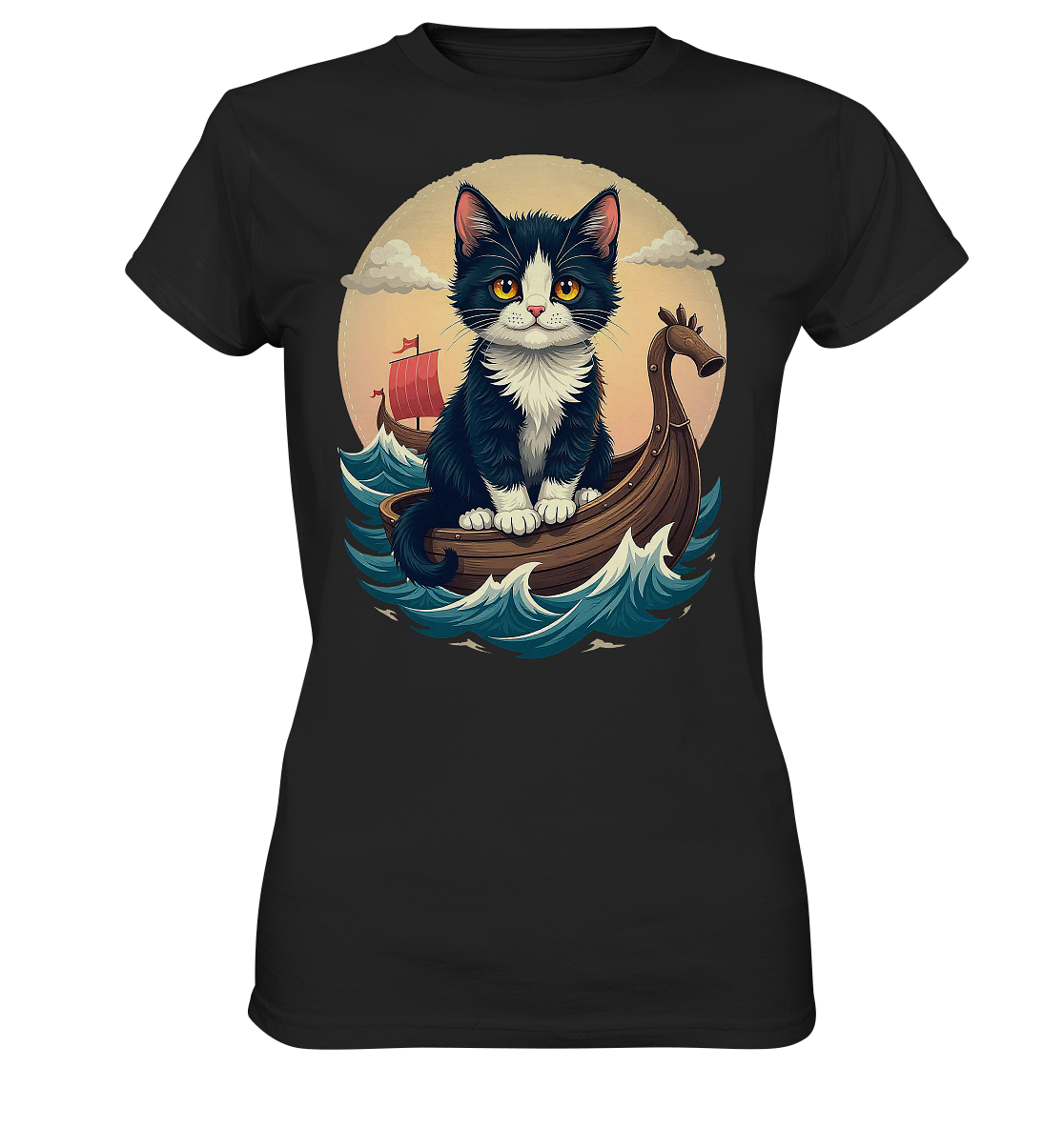 Süsse Katze auf Wikingerschiff Illustration - Ladies Premium Shirt