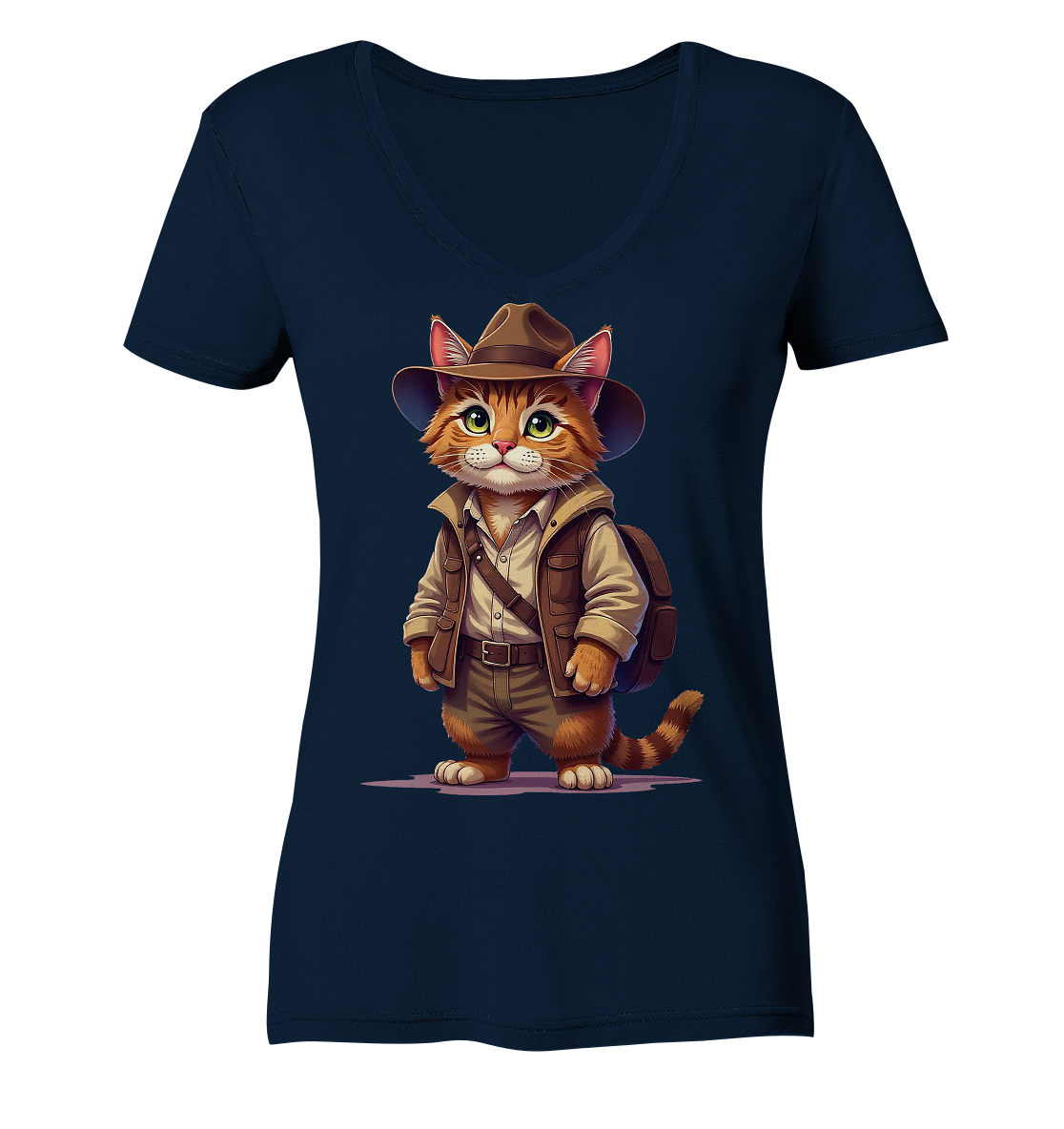 Abenteurer Katze Cartoon  - personalisierbar - Ladies V-Neck Shirt