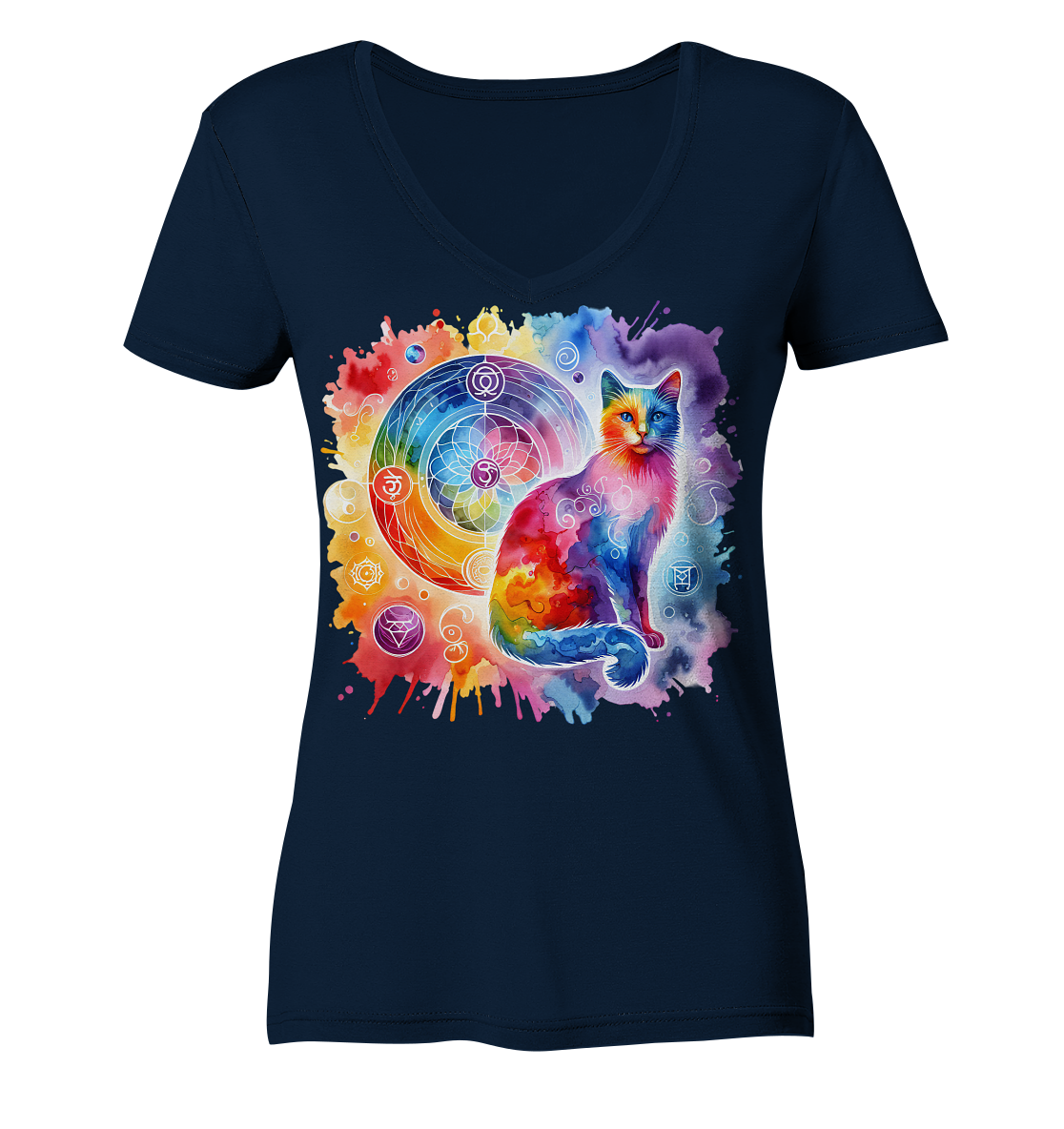 Shakra Design mit Katze - Ladies V-Neck Shirt