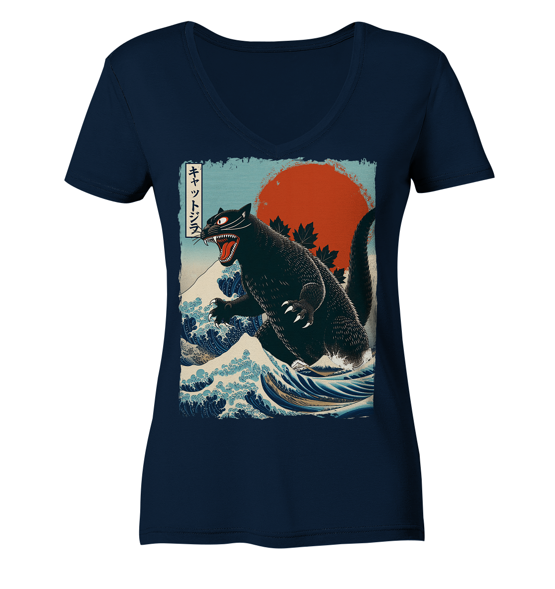 Cat - Zilla , Comic Style - Ladies V-Neck Shirt