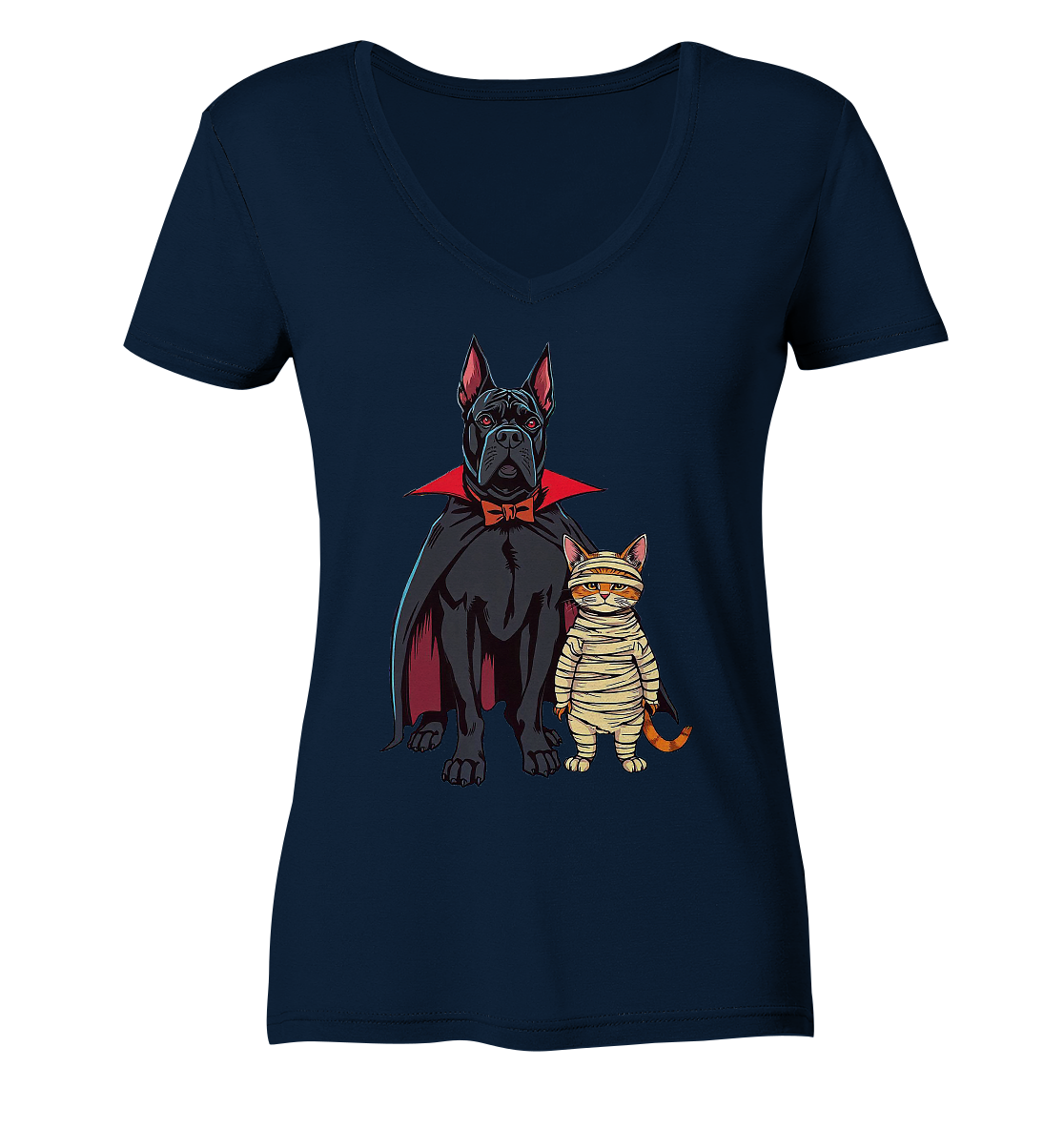 Halloween Cane Corso mit Katze als comic - Ladies V-Neck Shirt
