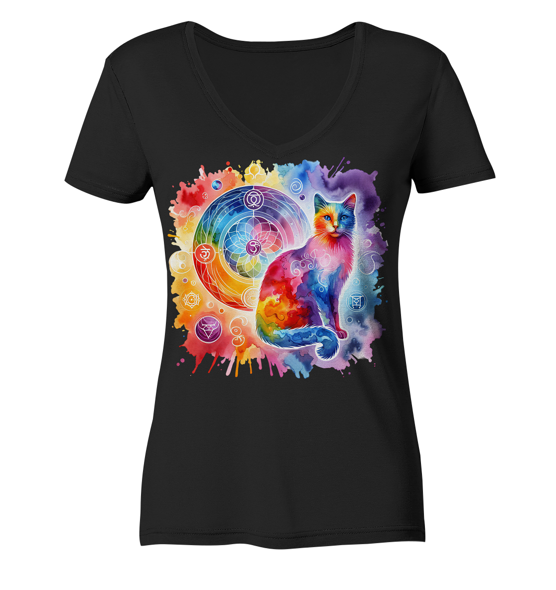 Shakra Design mit Katze - Ladies V-Neck Shirt