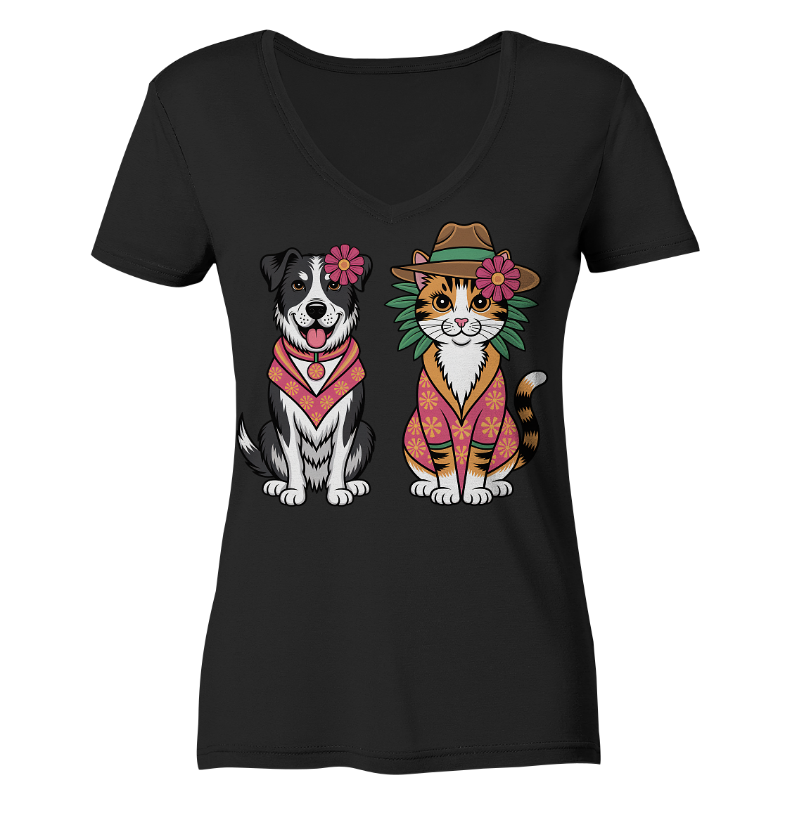 Hund und Katze Illustration Kahlo style - Ladies V-Neck Shirt
