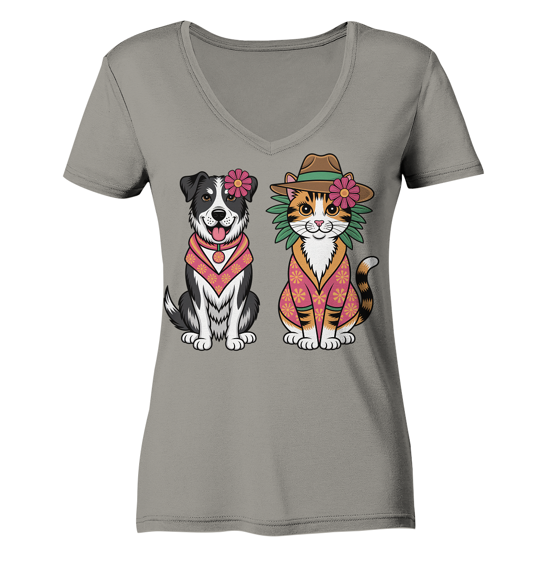 Hund und Katze Illustration Kahlo style - Ladies V-Neck Shirt