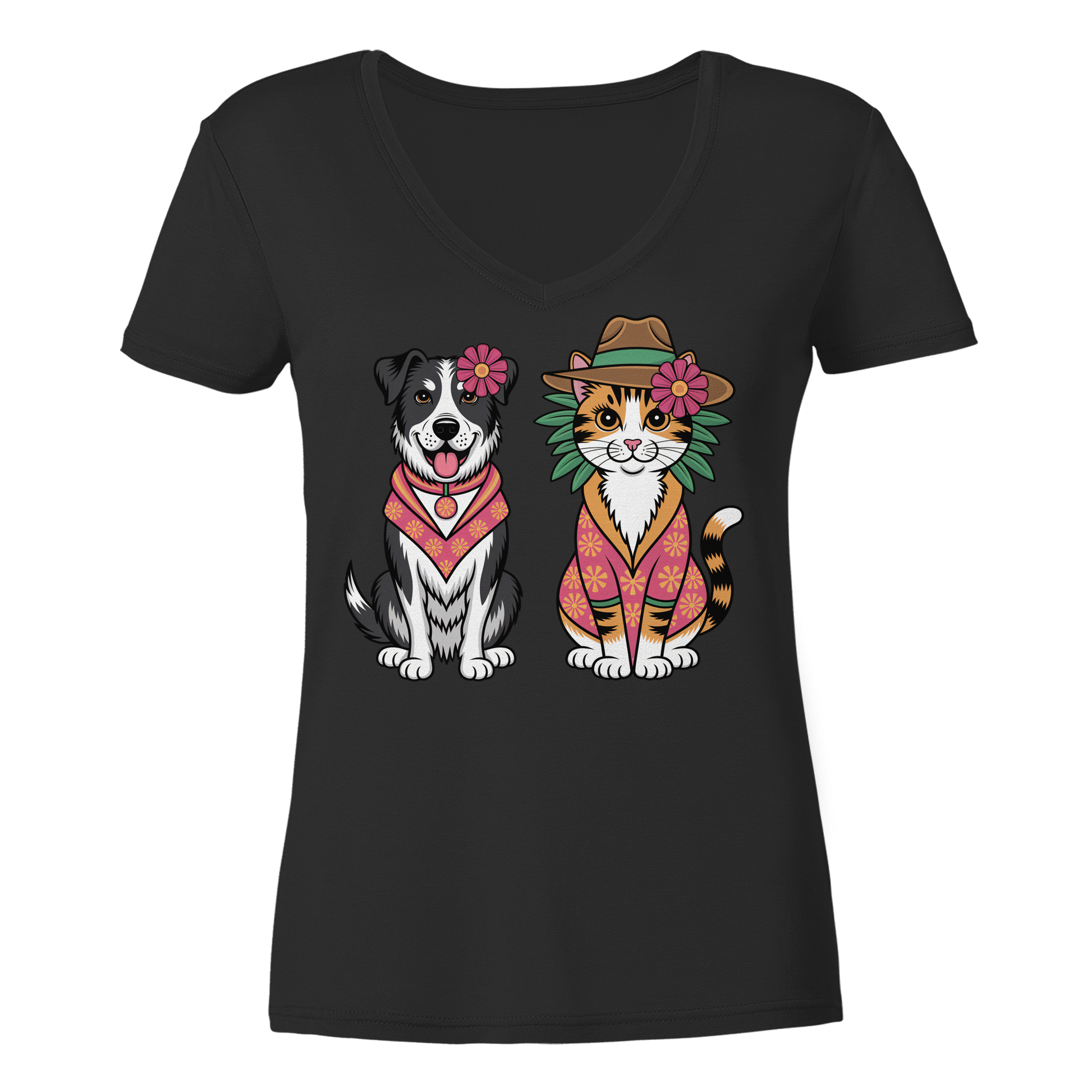 Hund und Katze Illustration Kahlo style - Ladies V-Neck Shirt
