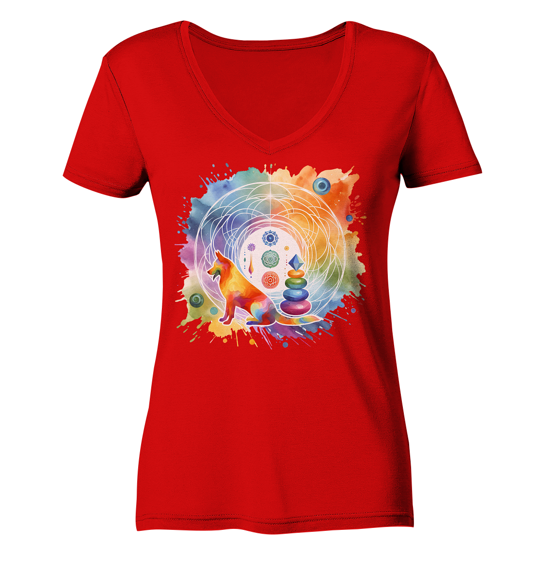 Chakra Art mit Hund Aquarell  - Ladies V-Neck Shirt