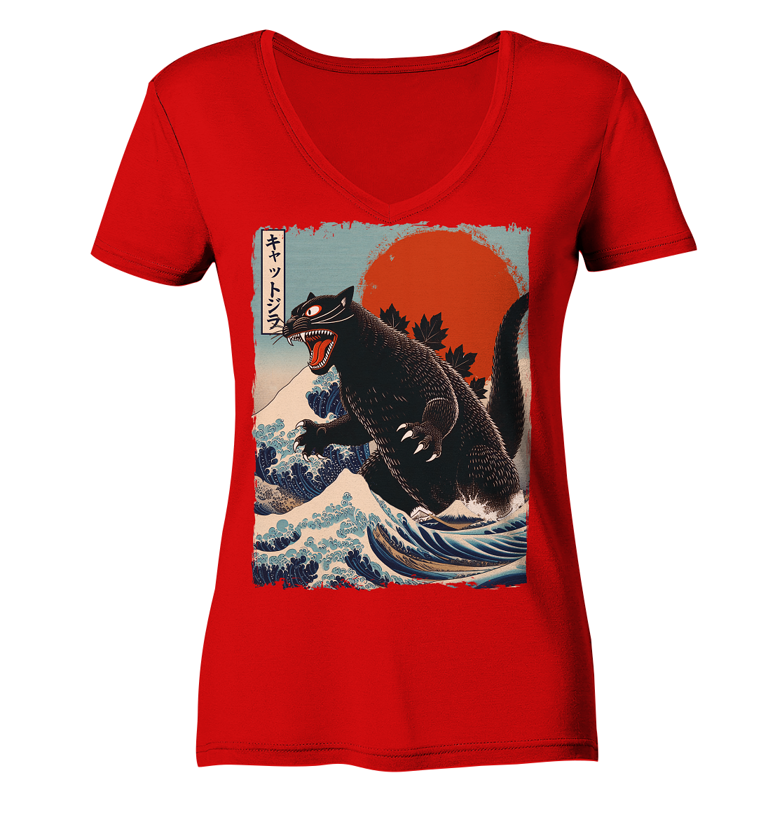 Cat - Zilla , Comic Style - Ladies V-Neck Shirt