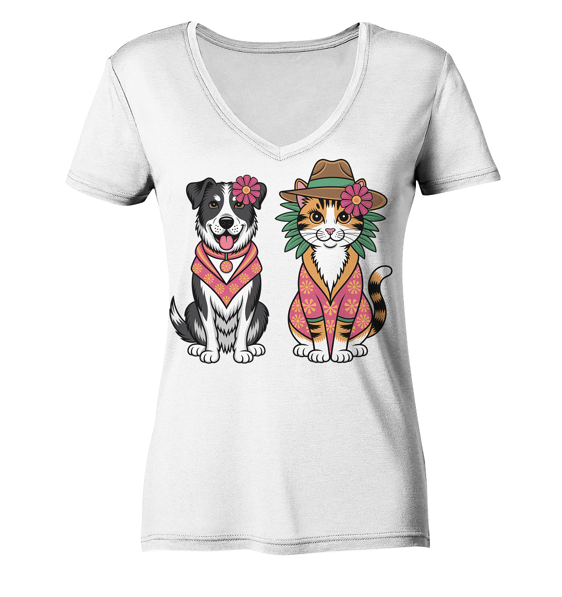 Hund und Katze Illustration Kahlo style - Ladies V-Neck Shirt