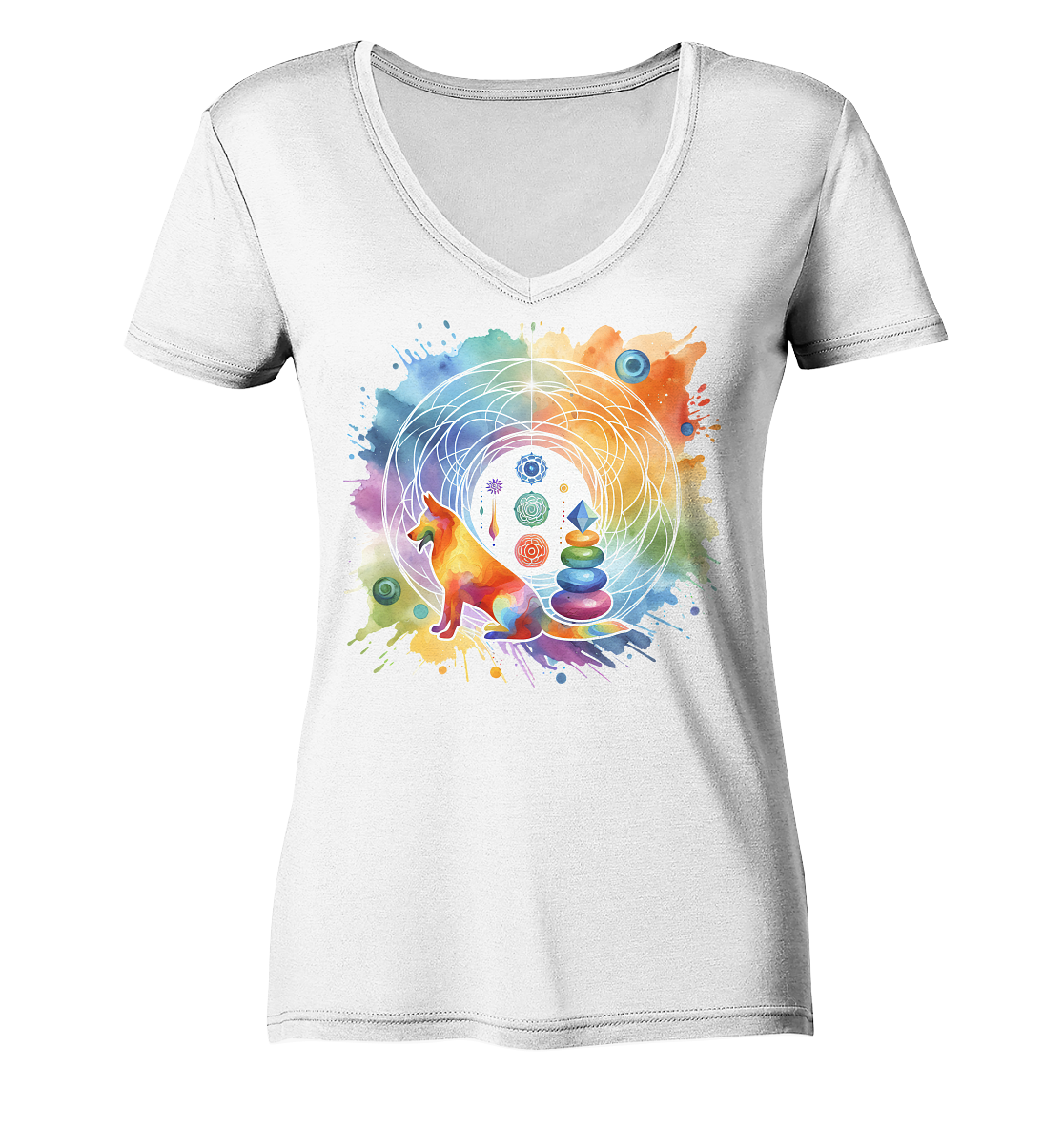 Chakra Art mit Hund Aquarell  - Ladies V-Neck Shirt