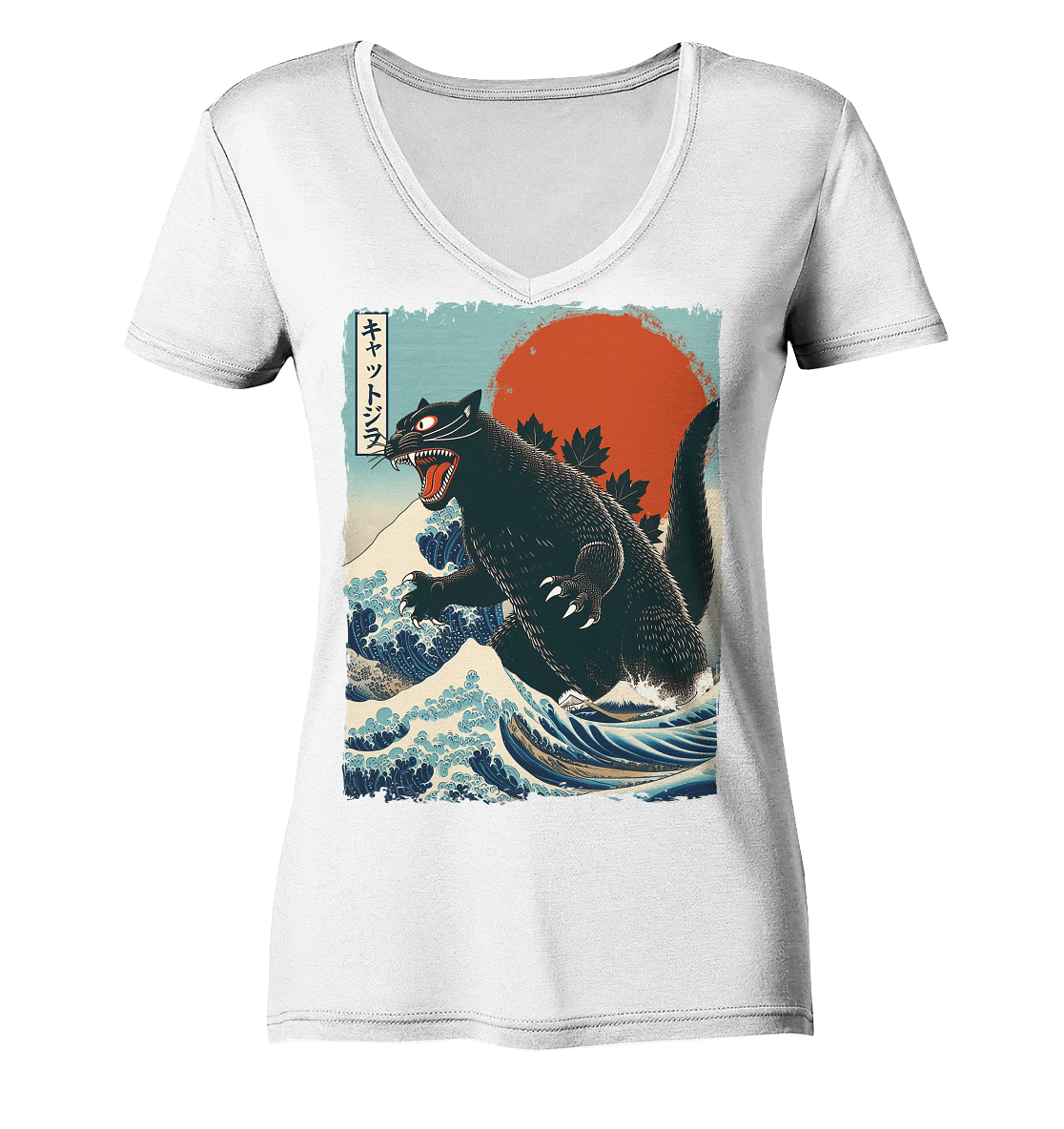 Cat - Zilla , Comic Style - Ladies V-Neck Shirt