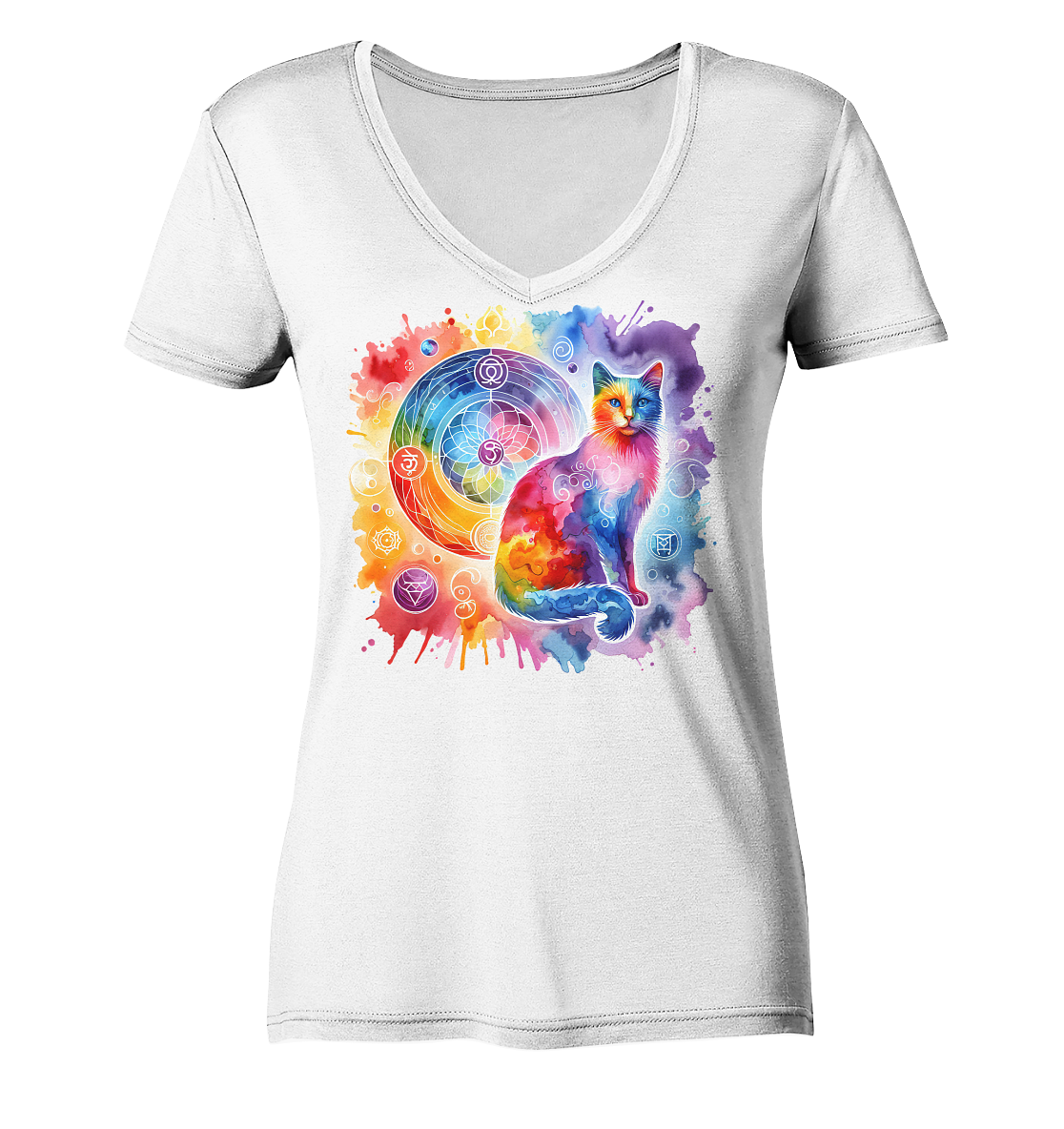 Ein Shakra Design mit Katze - Ladies V-Neck Shirt