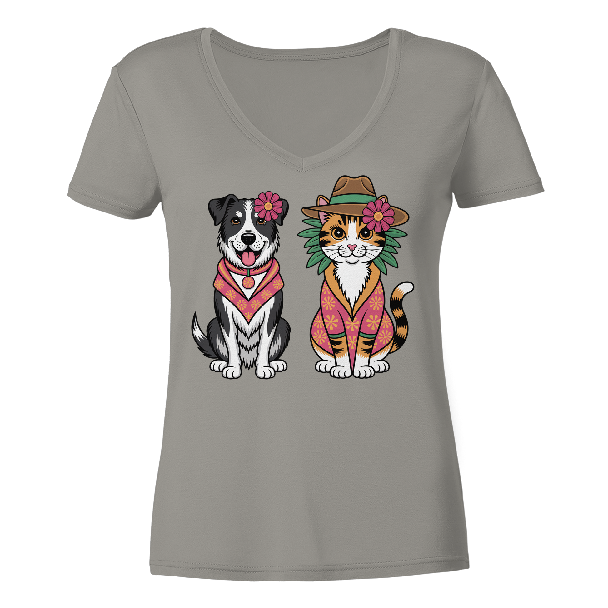 Hund und Katze Illustration Kahlo style - Ladies V-Neck Shirt
