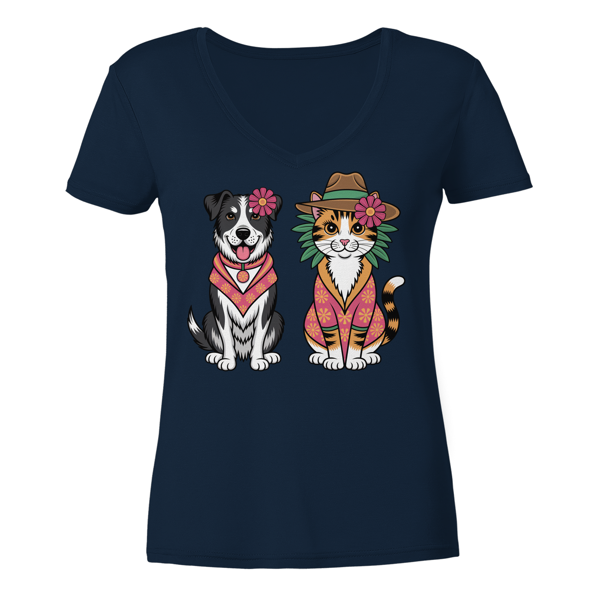 Hund und Katze Illustration Kahlo style - Ladies V-Neck Shirt