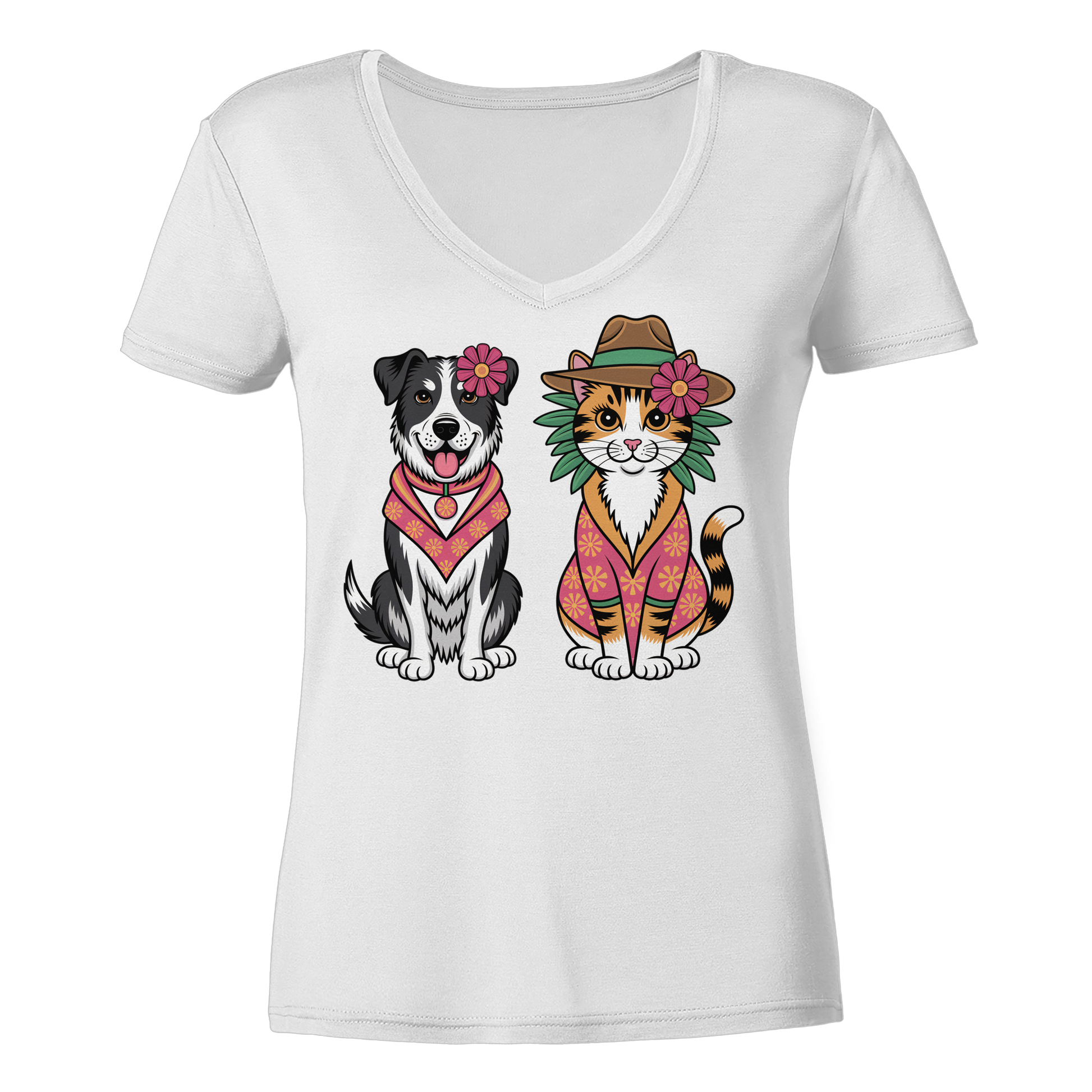Hund und Katze Illustration Kahlo style - Ladies V-Neck Shirt