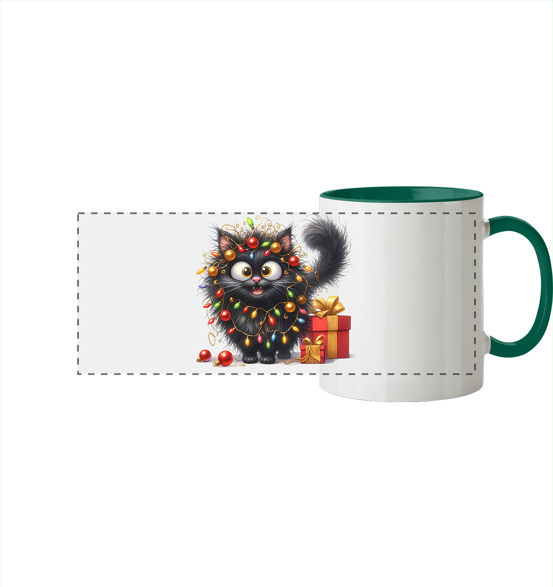 Ugly Christmas Weihnachten Crazy Katze - Panorama Tasse zweifarbig