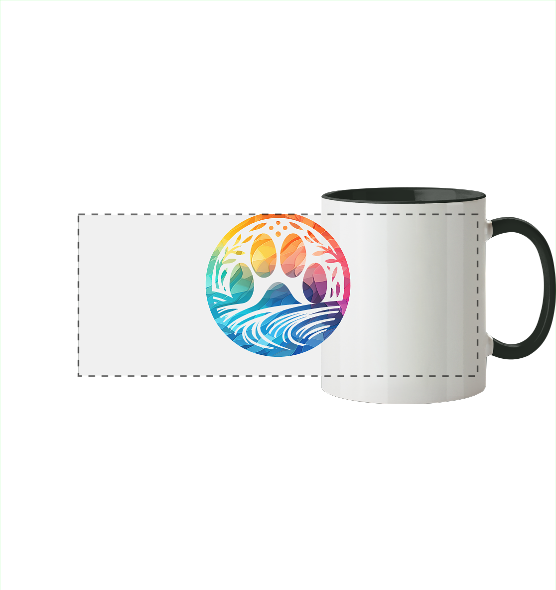 Modern Design Pfote mit regenbogenartigen Farbverlauf  - Panorama Tasse zweifarbig