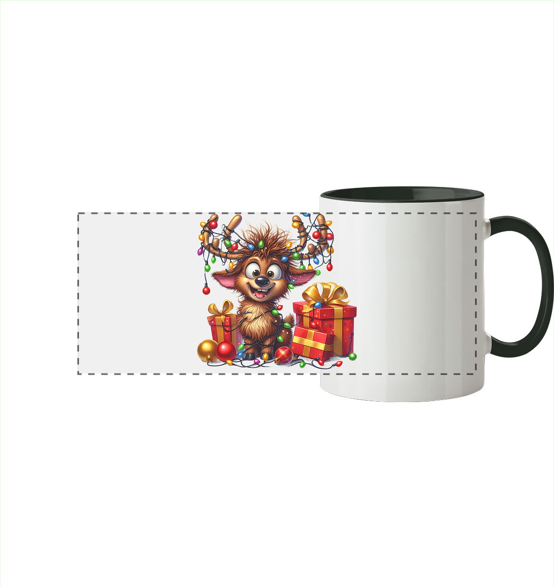 Ugly Christmas Weihnachten Crazy Rentier - Panorama Tasse zweifarbig