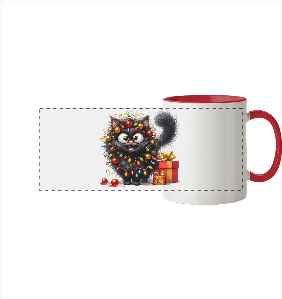 Ugly Christmas Weihnachten Crazy Katze - Panorama Tasse zweifarbig