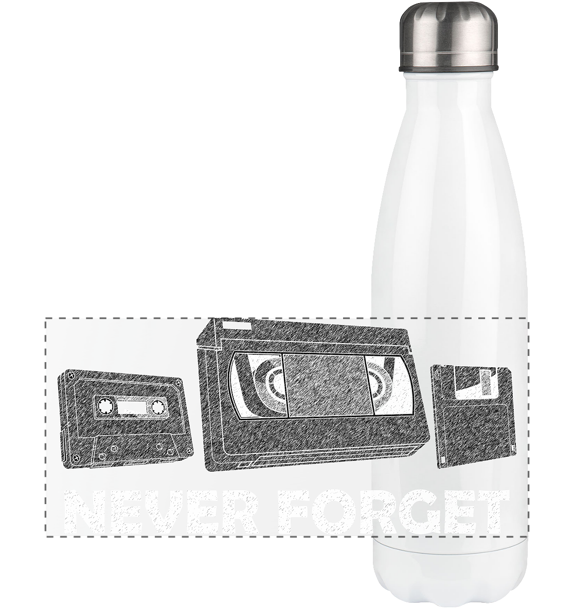 Kasette, VHS,  Disk - never forget - Panorama Thermoflasche 500ml