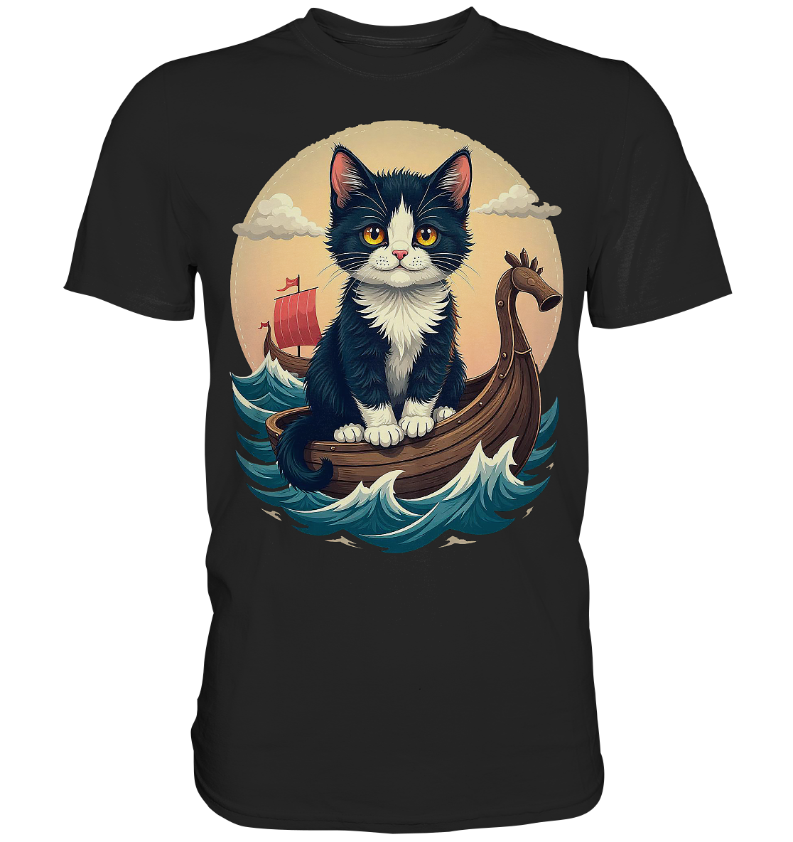 Süsse Katze auf Wikingerschiff Illustration - Premium Shirt