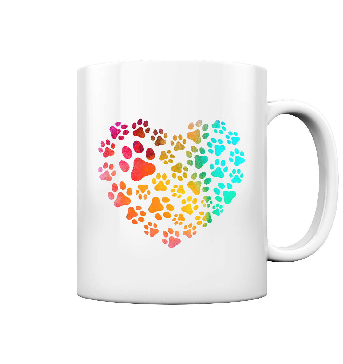 Bunte Pfoten in Herzform - Tasse glossy