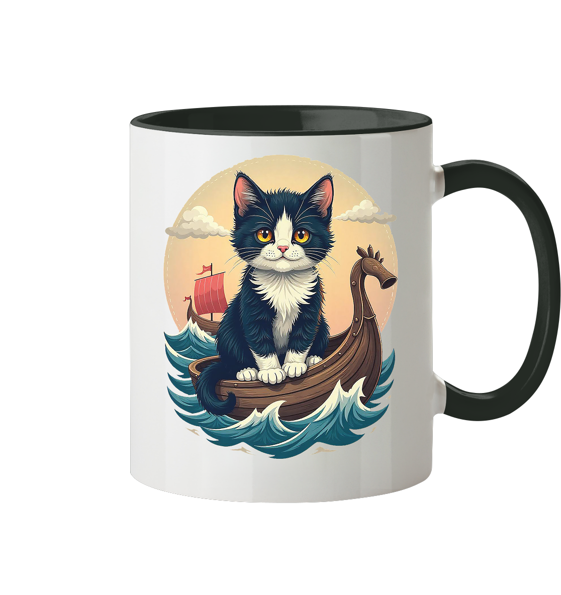 Süsse Katze auf Wikingerschiff Illustration - Tasse zweifarbig