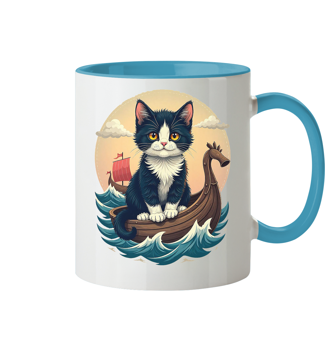 Süsse Katze auf Wikingerschiff Illustration - Tasse zweifarbig