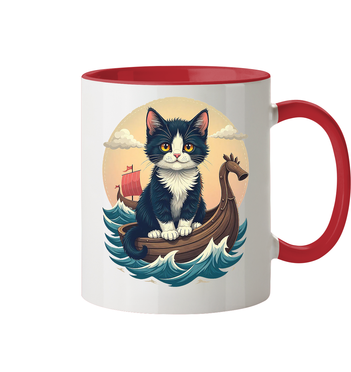 Süsse Katze auf Wikingerschiff Illustration - Tasse zweifarbig