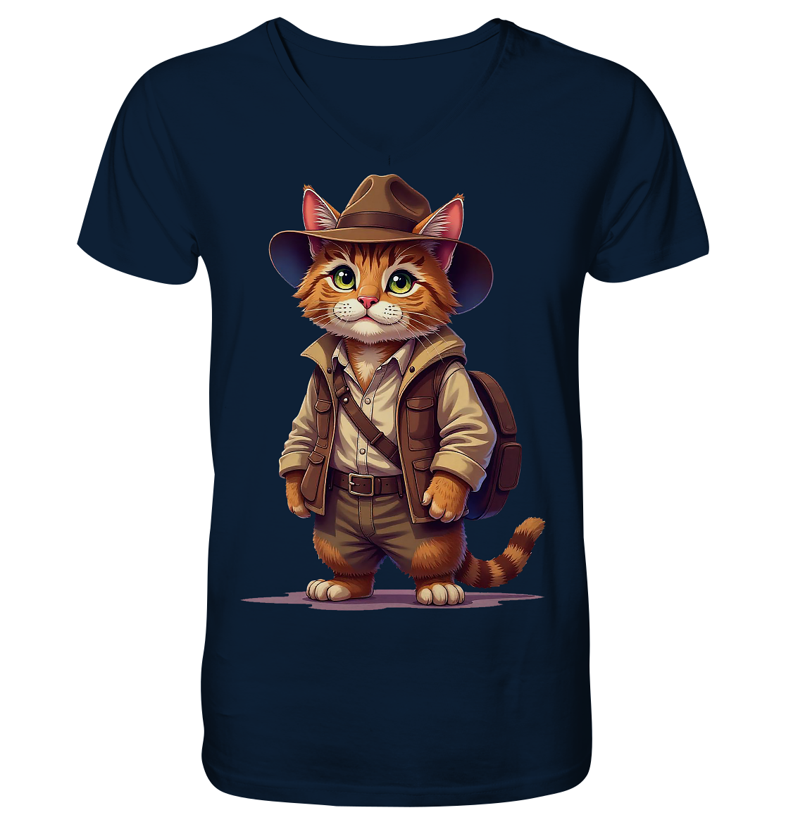 Abenteurer Katze Cartoon  - personalisierbar - V-Neck Shirt
