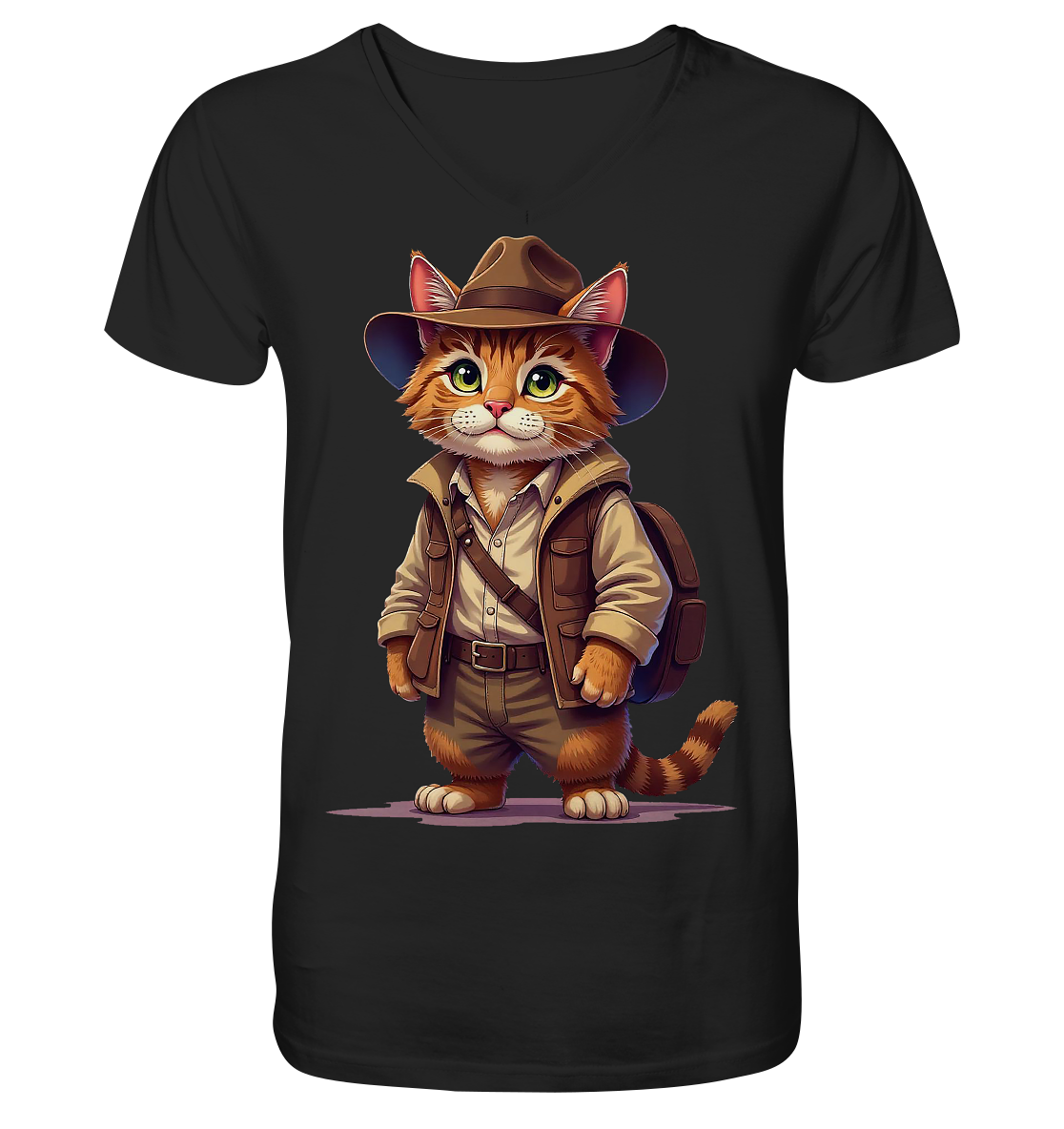 Abenteurer Katze Cartoon  - personalisierbar - V-Neck Shirt