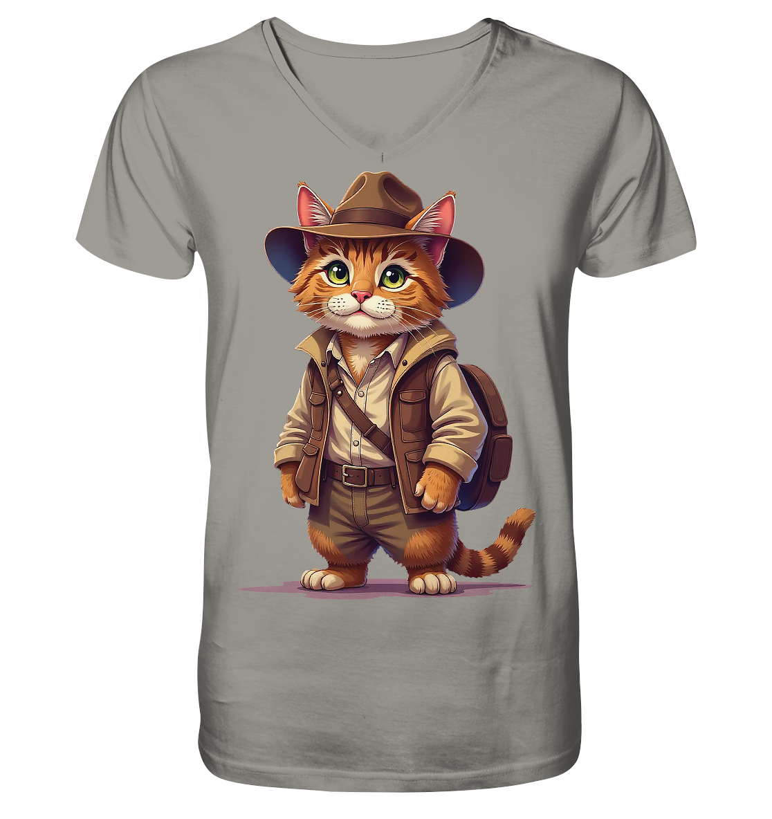 Abenteurer Katze Cartoon  - personalisierbar - V-Neck Shirt