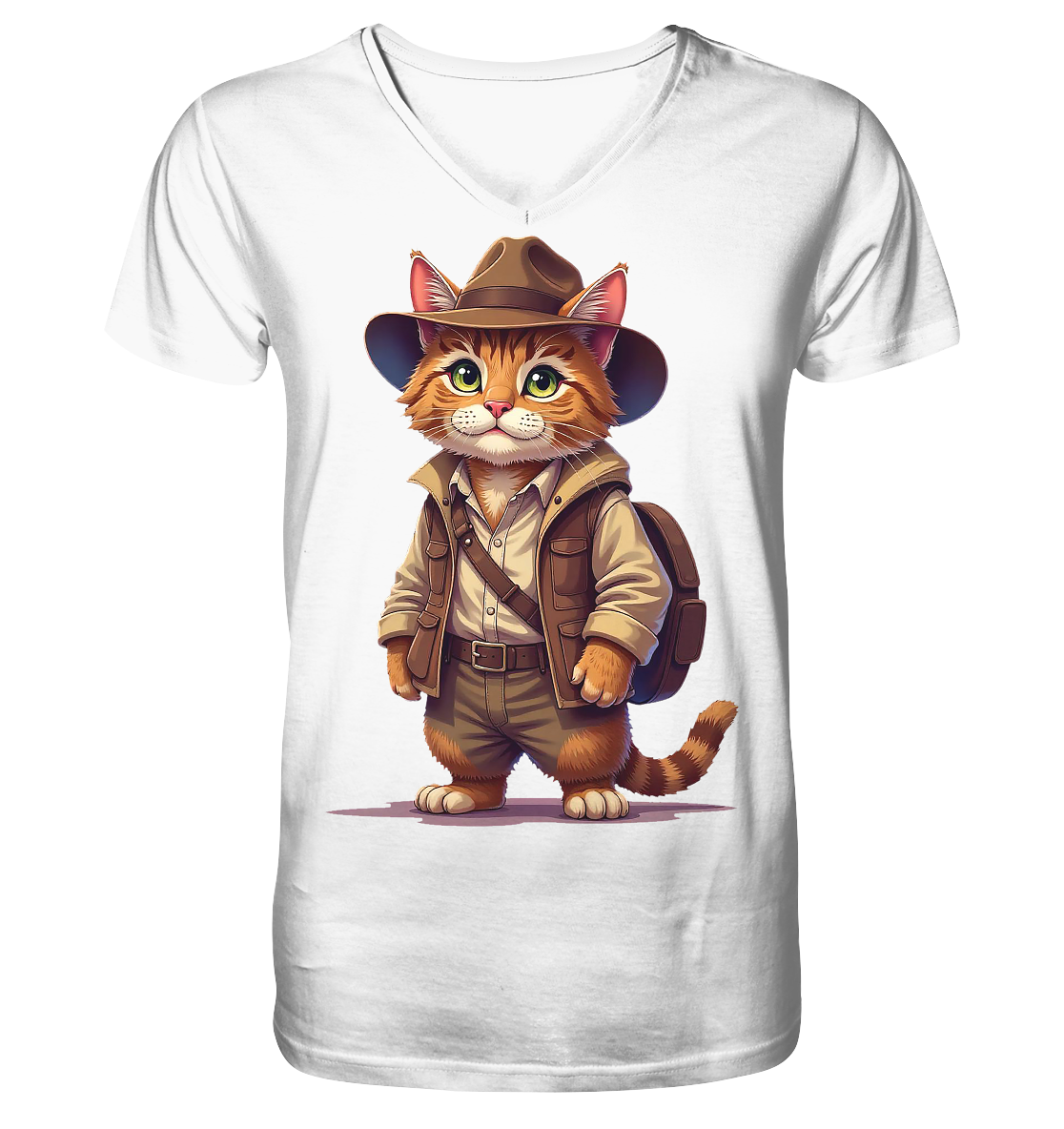 Abenteurer Katze Cartoon  - personalisierbar - V-Neck Shirt