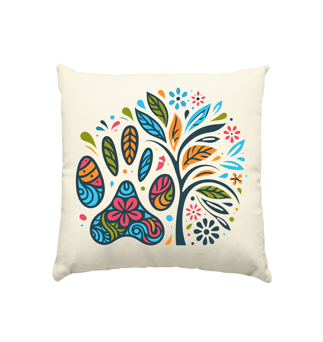 Pfote und Baum Farbenfrohes Design - Kissen natur 40x40cm