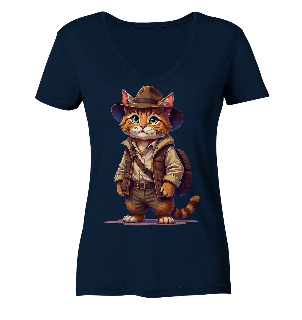 Abenteurer Katze Cartoon  - personalisierbar - Ladies V-Neck Shirt