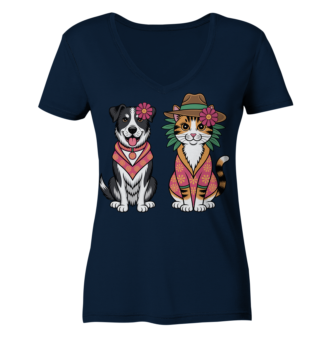 Hund und Katze Illustration Kahlo style - Ladies V-Neck Shirt