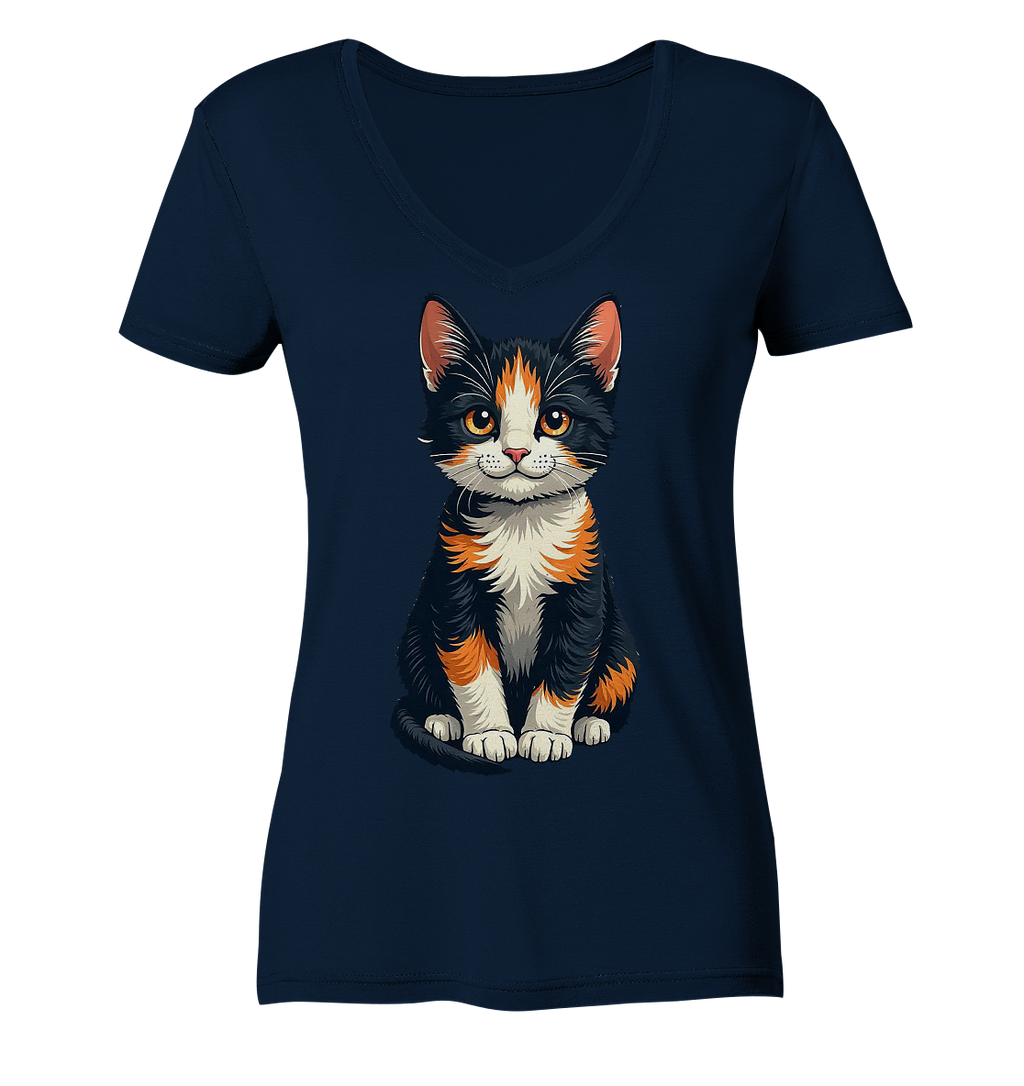 Süsse Glückskatze Illustration  - Ladies V-Neck Shirt