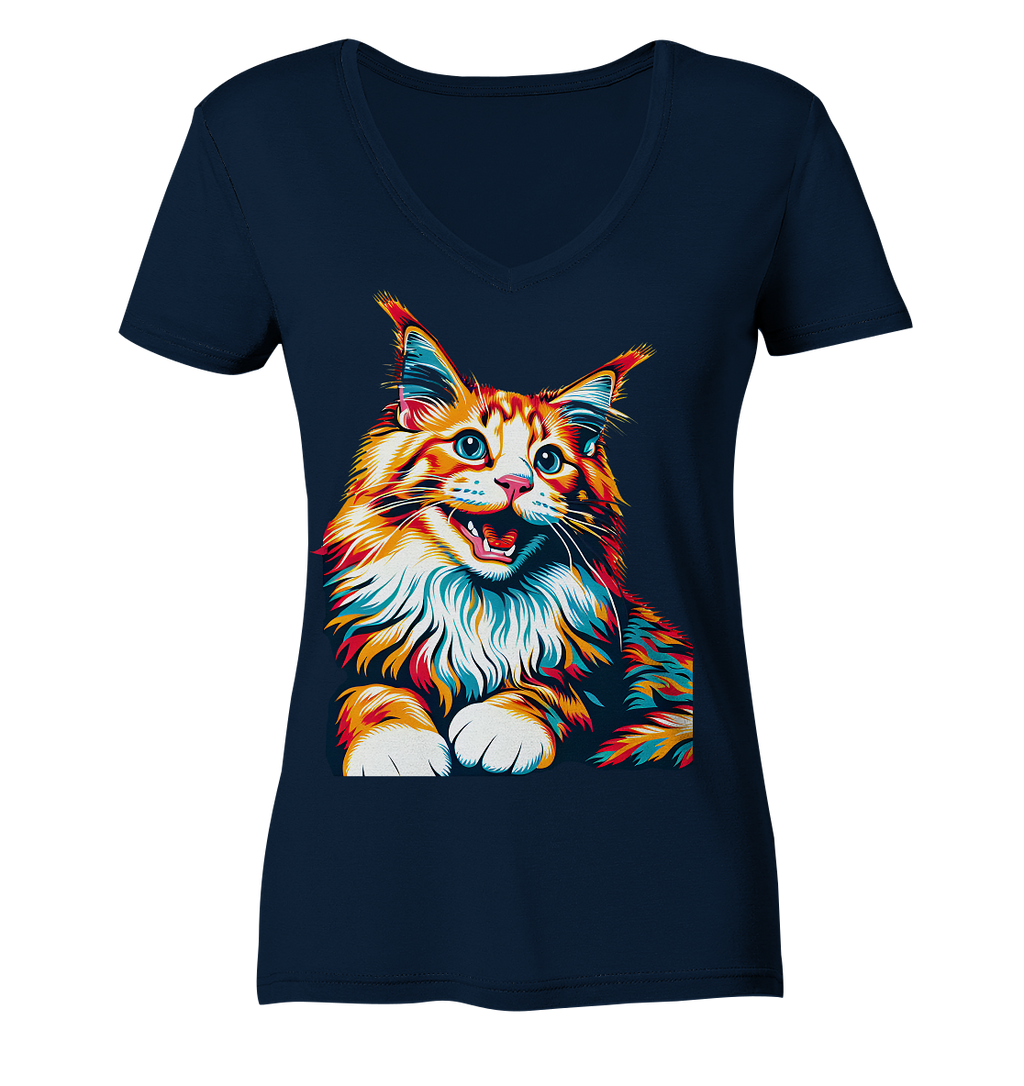 Maine Coon Katze Pop Art - personalisierbar - Ladies V-Neck Shirt