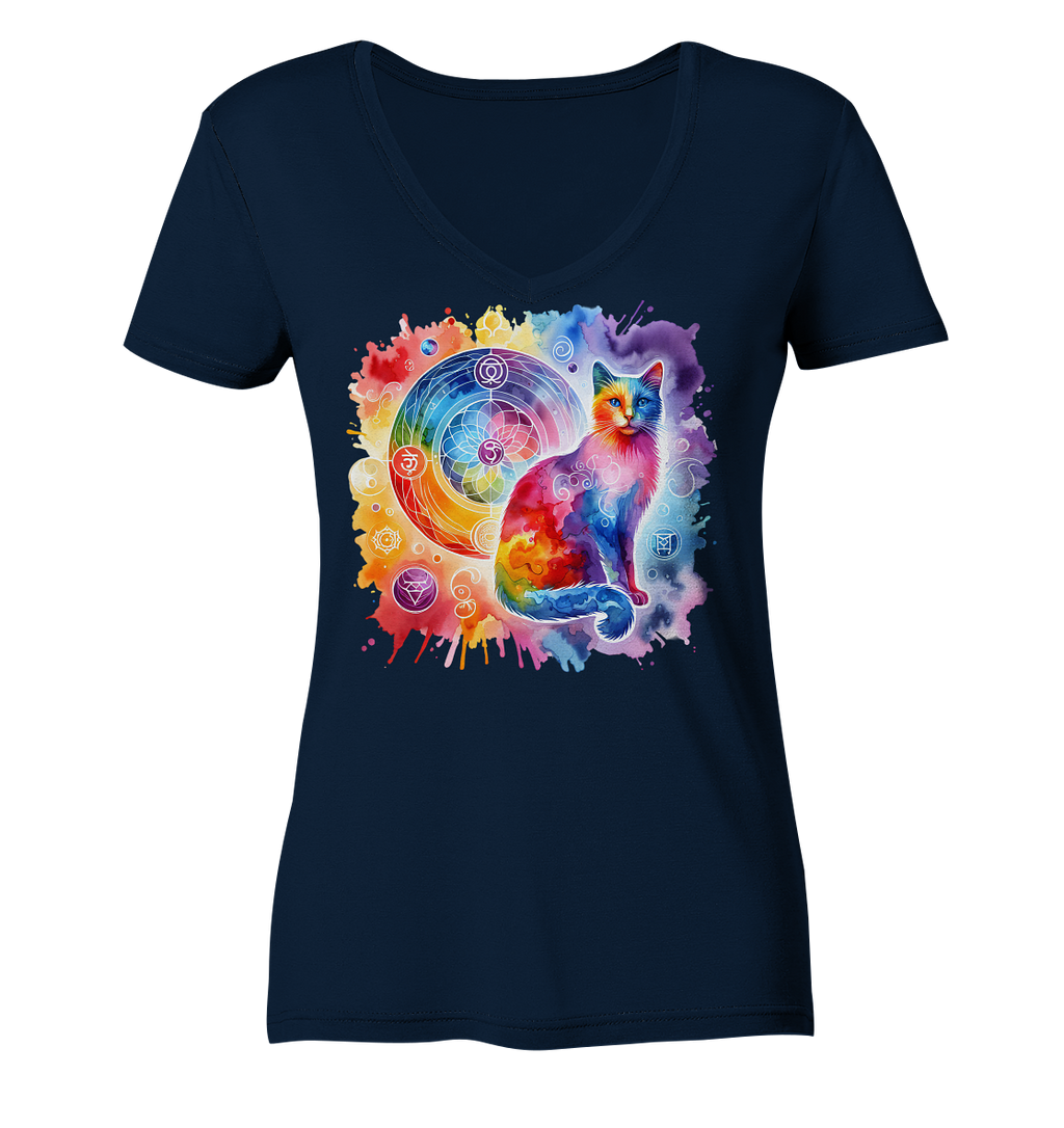 Ein Shakra Design mit Katze - Ladies V-Neck Shirt