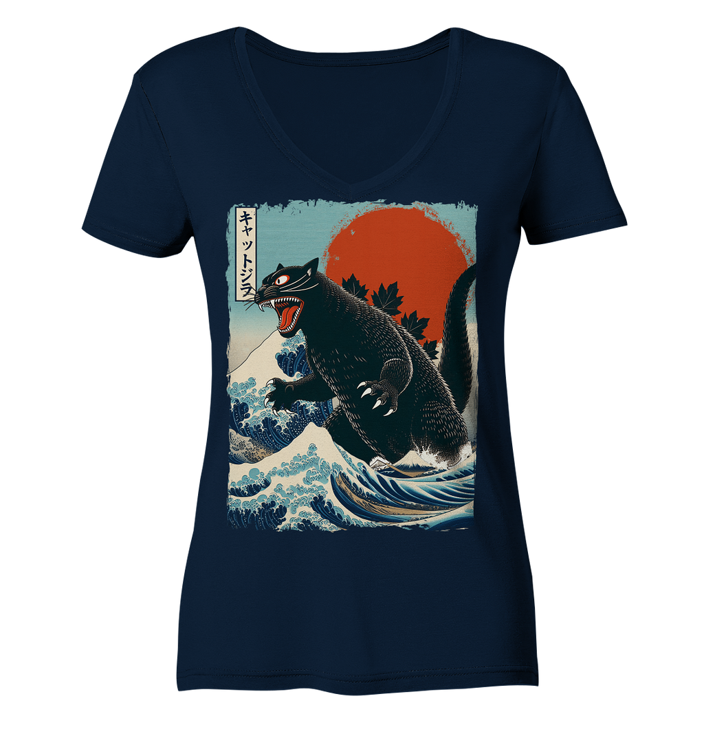 Cat - Zilla , Comic Style - Ladies V-Neck Shirt
