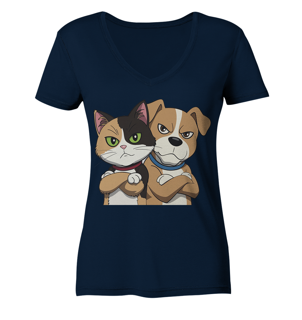 Hund und Katze grumpy - personalisierbar - Ladies V-Neck Shirt