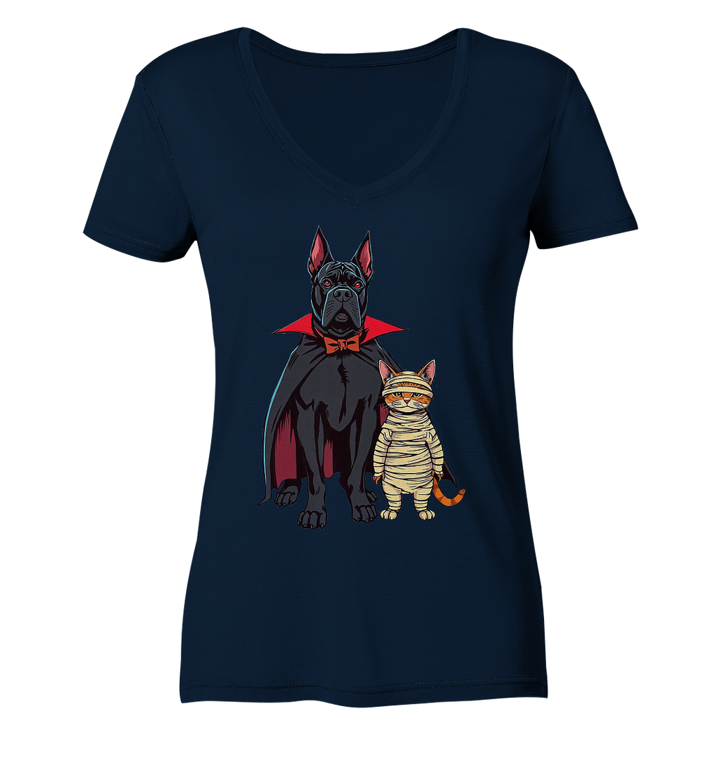 Halloween Cane Corso mit Katze als comic - Ladies V-Neck Shirt