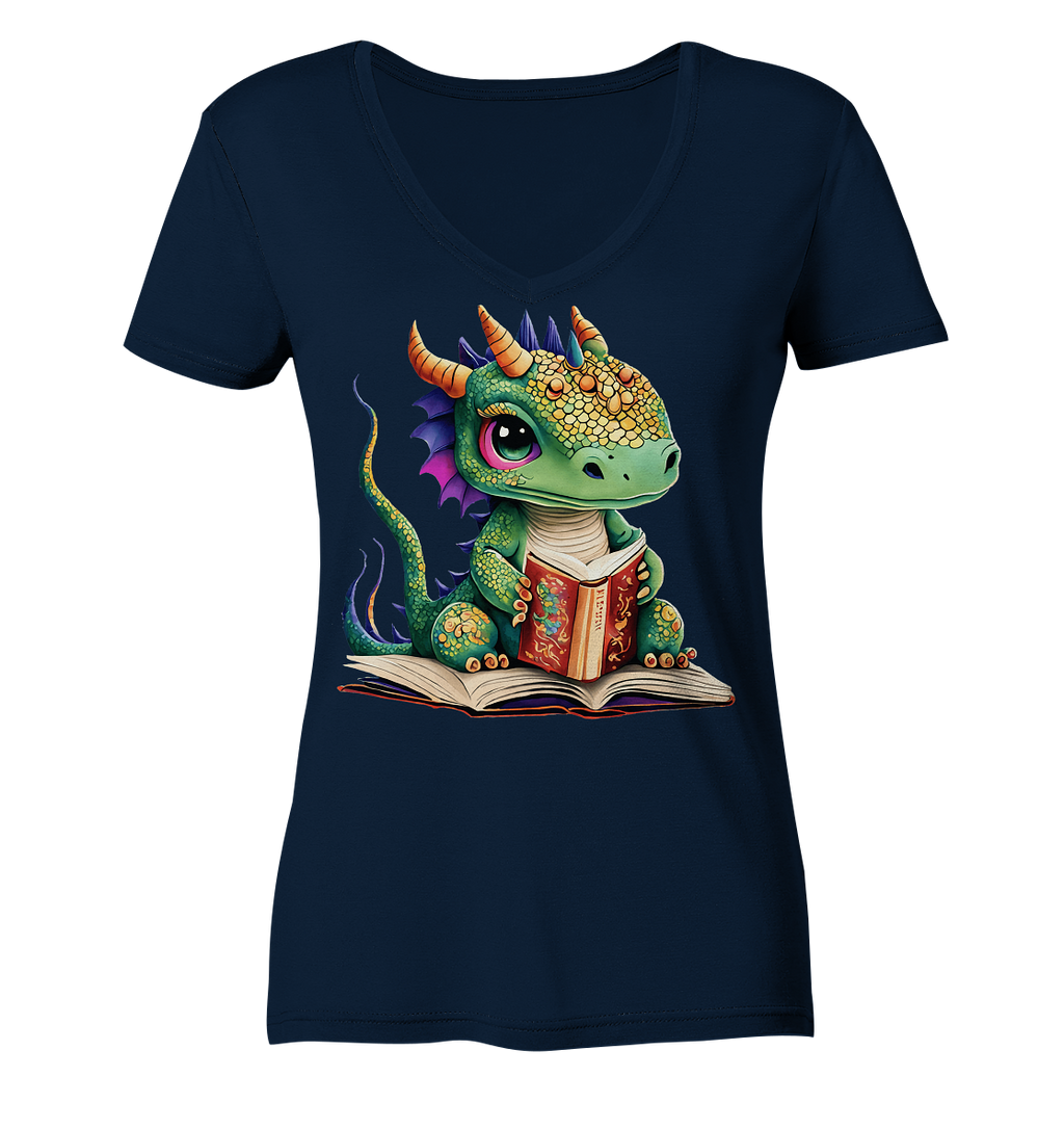 Kleiner lesender Drache -personalisierbar - Ladies V-Neck Shirt
