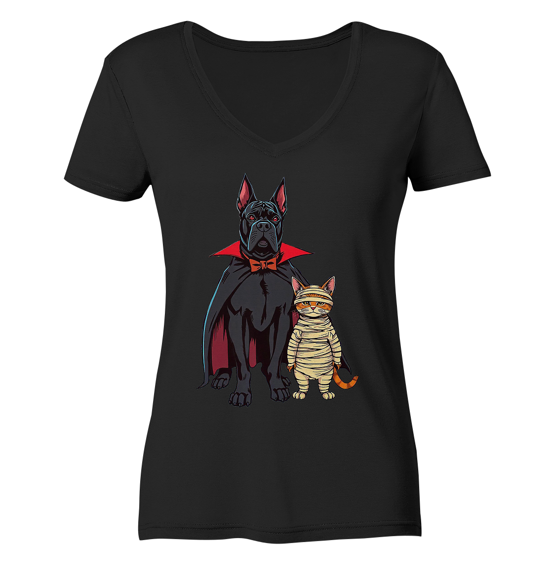 Halloween Cane Corso mit Katze als comic - Ladies V-Neck Shirt
