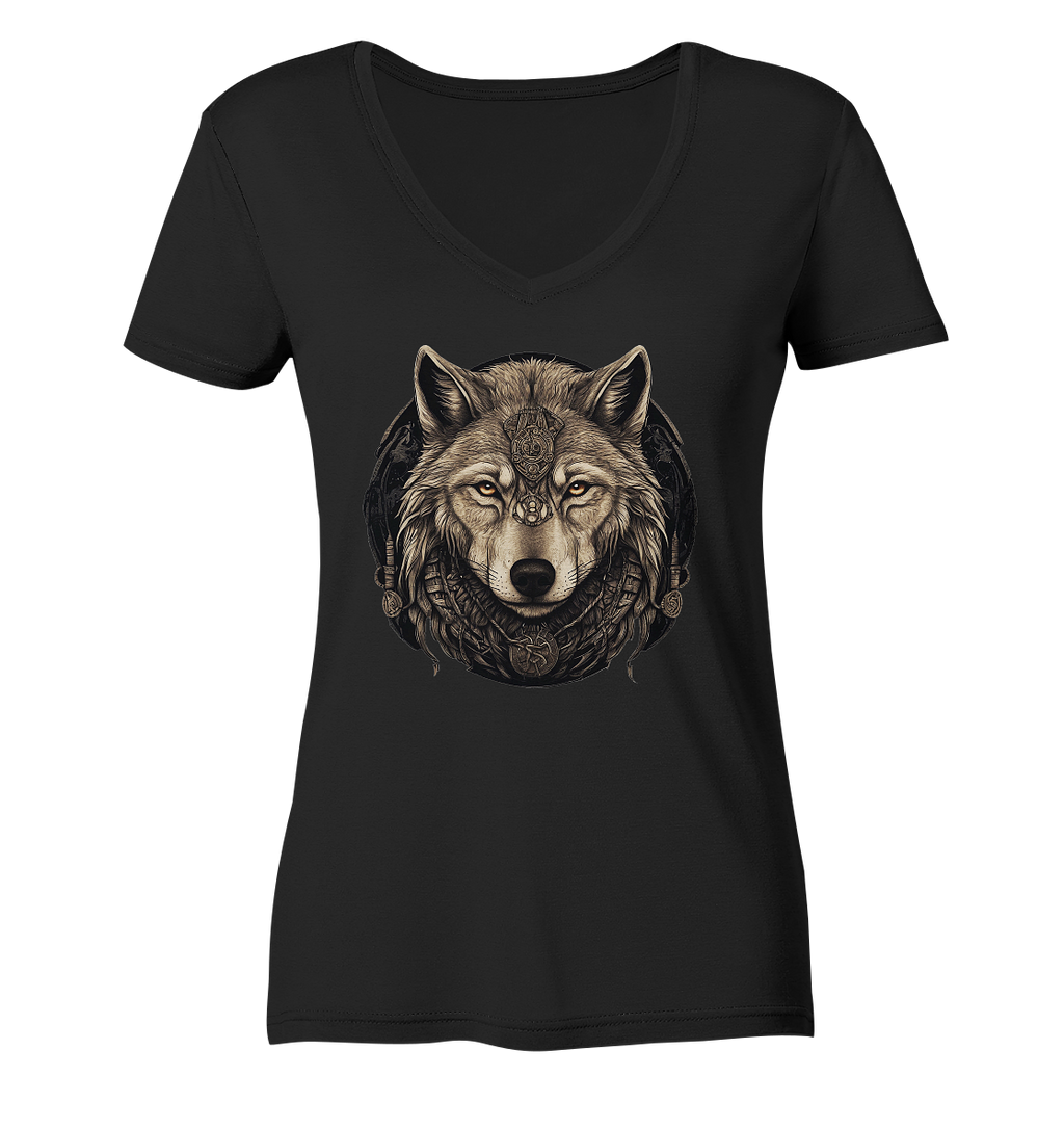 Wolf Fenris Viking Art - Ladies V-Neck Shirt