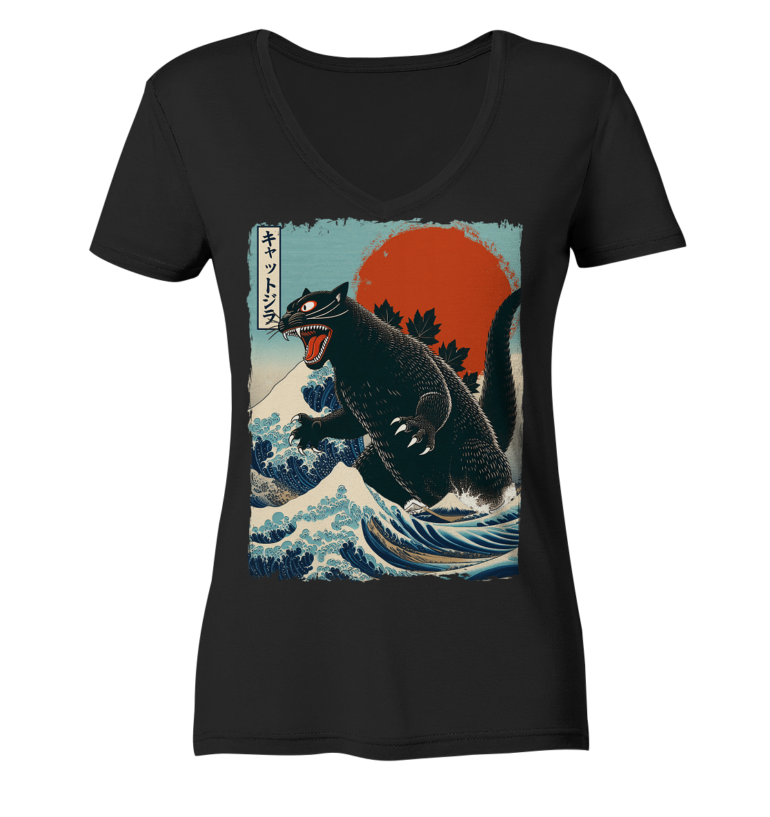 Cat - Zilla , Comic Style - Ladies V-Neck Shirt