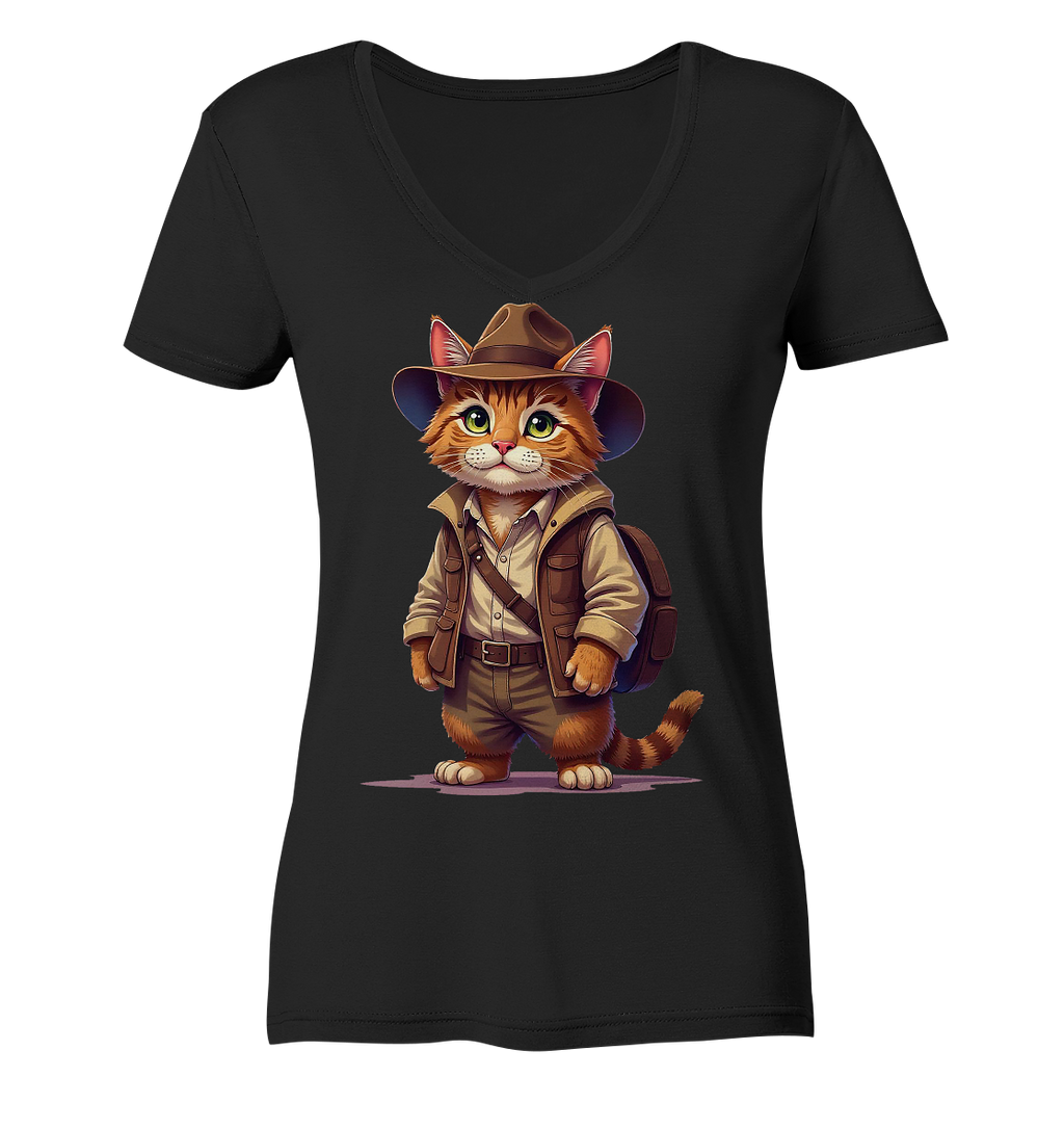 Abenteurer Katze Cartoon  - personalisierbar - Ladies V-Neck Shirt