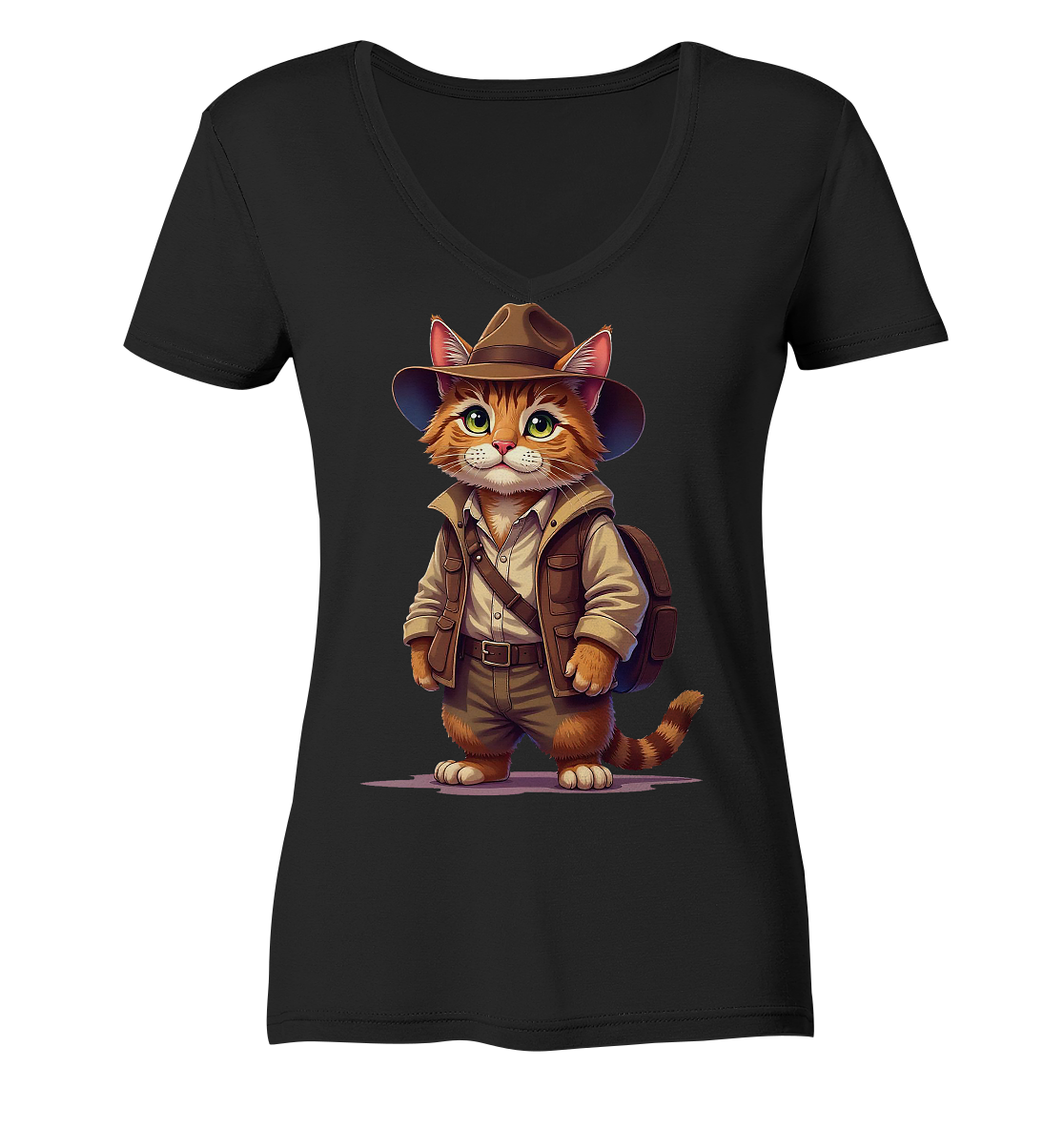 Abenteurer Katze Cartoon  - personalisierbar - Ladies V-Neck Shirt