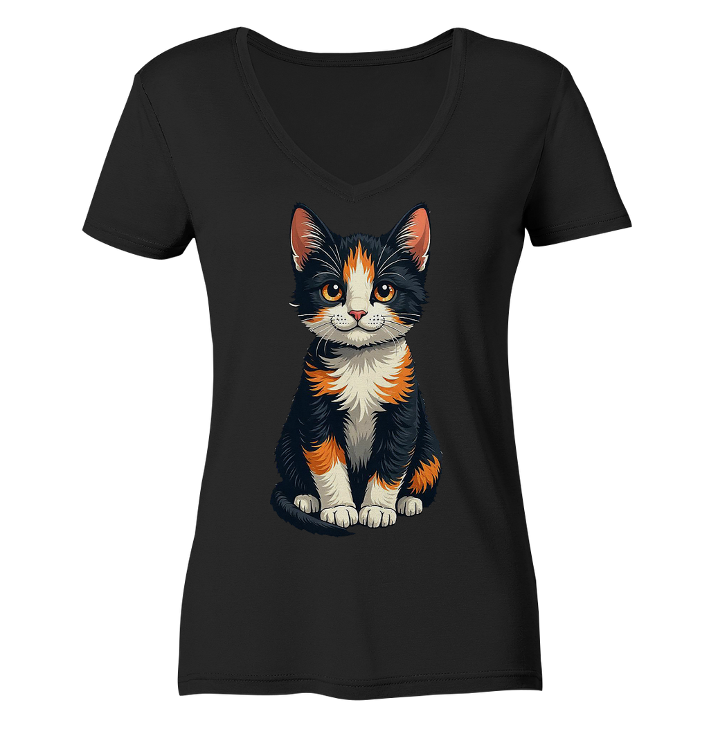 Süsse Glückskatze Illustration  - Ladies V-Neck Shirt