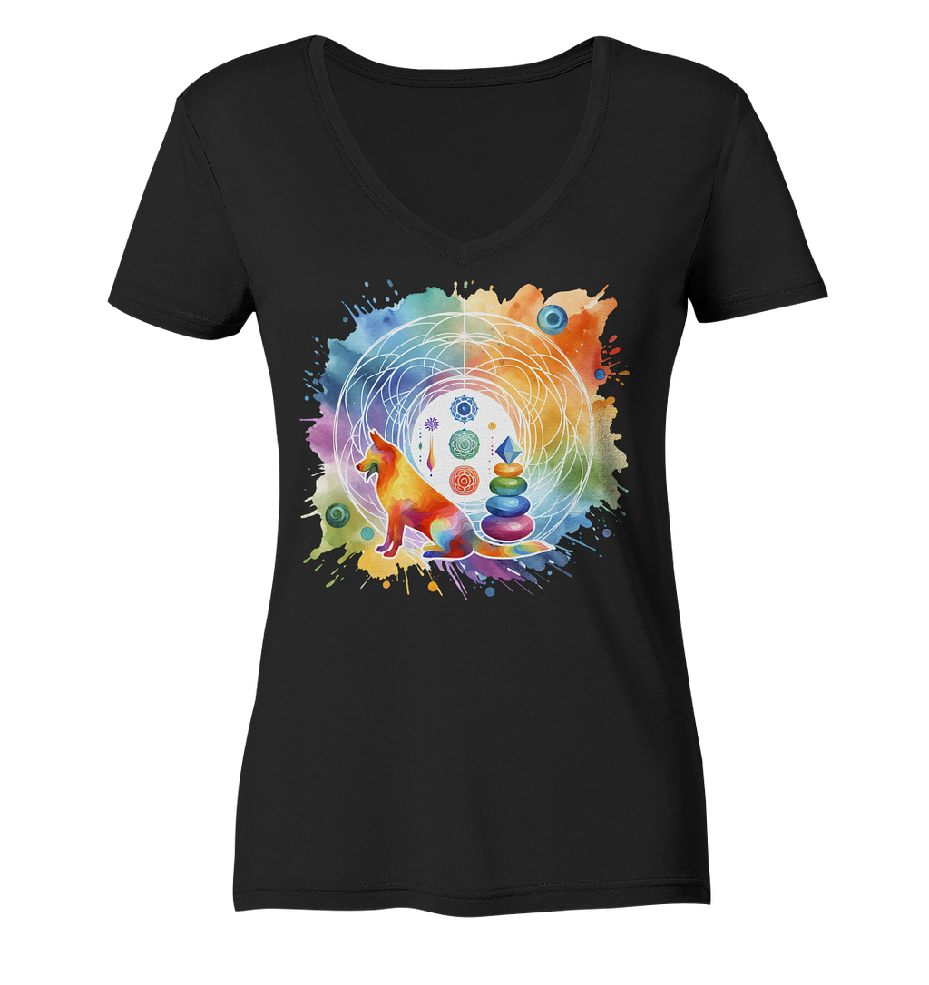 Chakra Art mit Hund Aquarell  - Ladies V-Neck Shirt