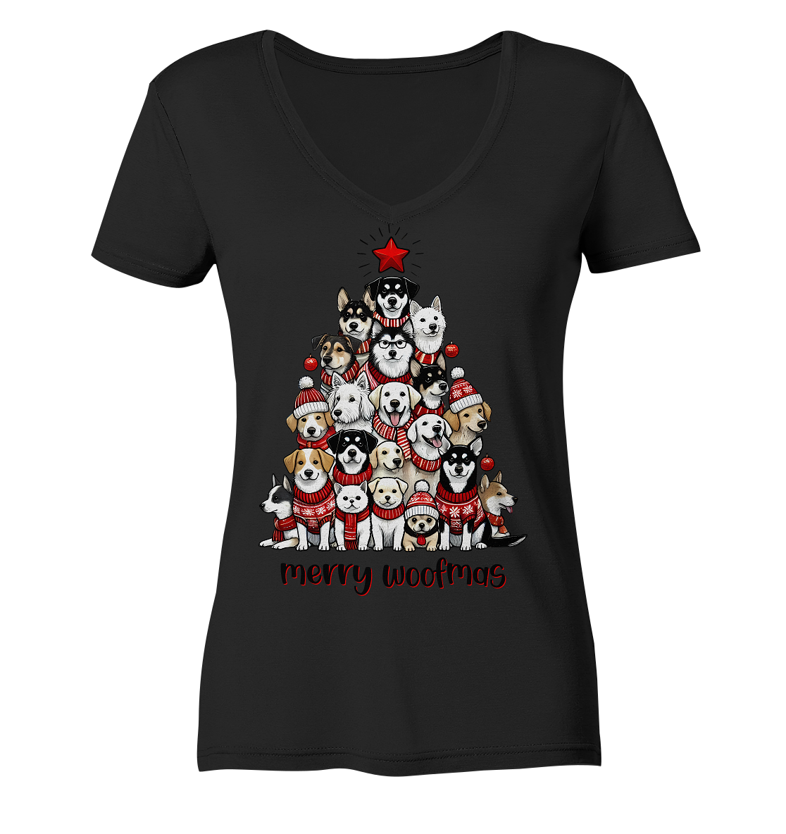 Weihnachten Christmas Hunde Baum Merry Woofmas - Ladies V-Neck Shirt
